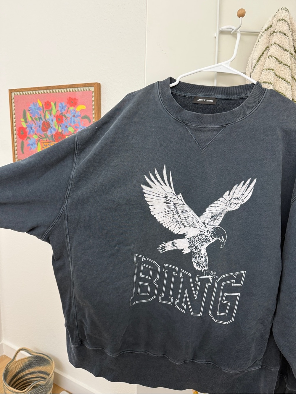 Anine Bing Charcoal Crewneck Sweatshirt with White Eagle Graphic